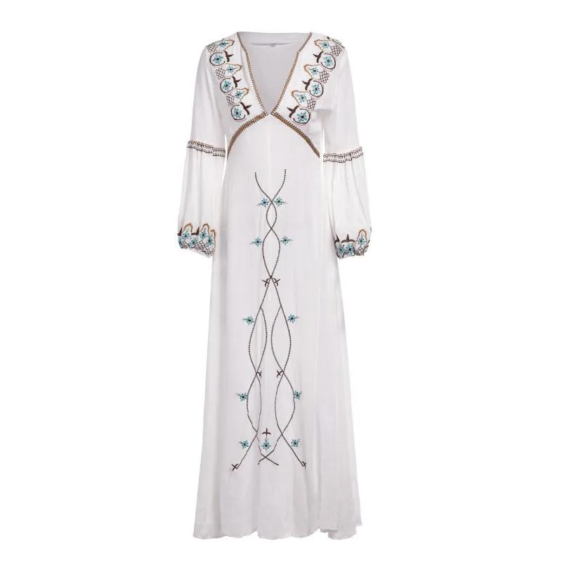 Boho Dress Floral Embroidery White V-Neck Lantern Sleeve Maxi Dress