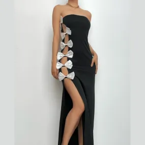 Bowknot contrast slit irregular backless tube maxi dress