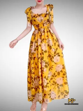 Bowknot Shoulder Yellow Floral Chiffon Maxi Dress