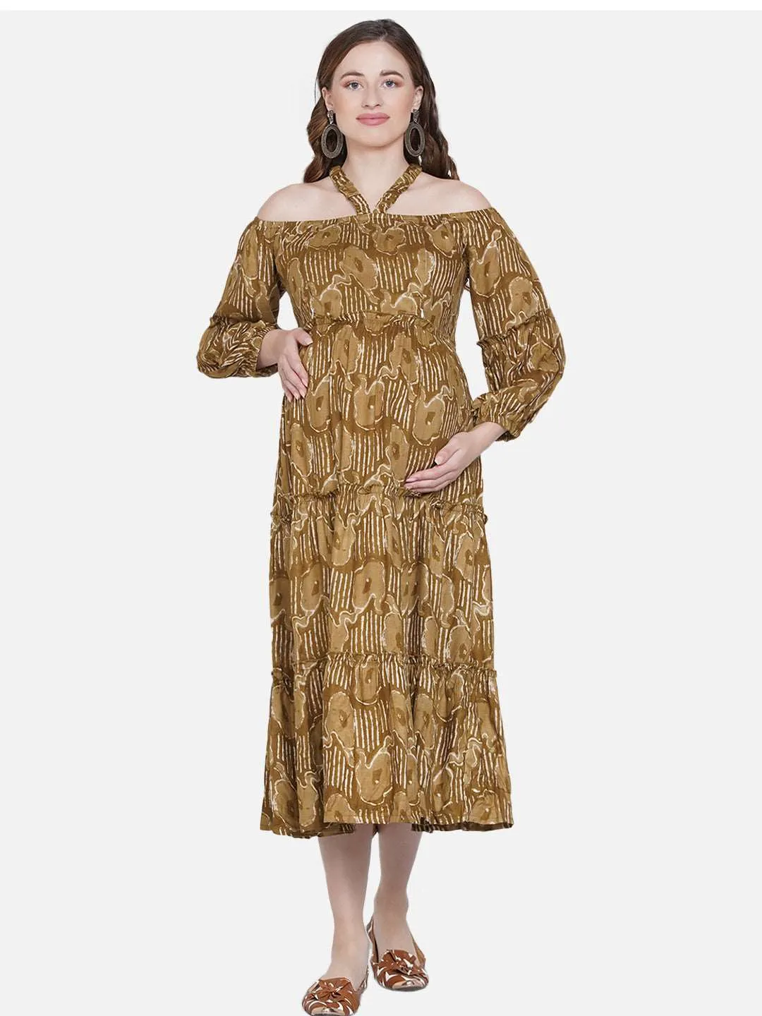 Brown Floral Print Maternity and Nursing Midi Dress