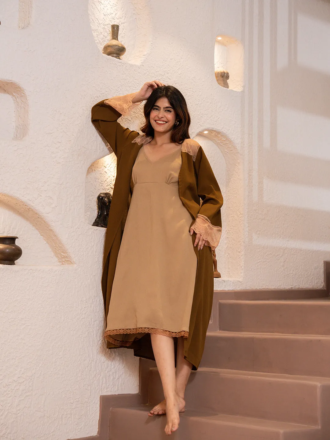 Brownie Brown Soft Crepe Midi with Shrug set of 2