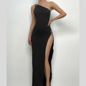 Buckle one shoulder slit irregular solid maxi dress