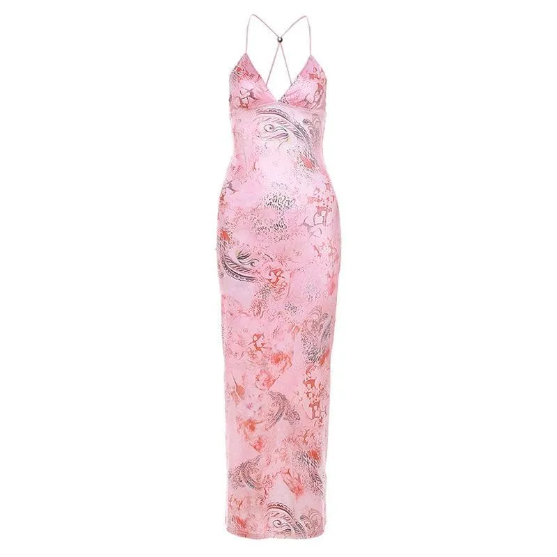 Butterfly applique backless v neck maxi dress