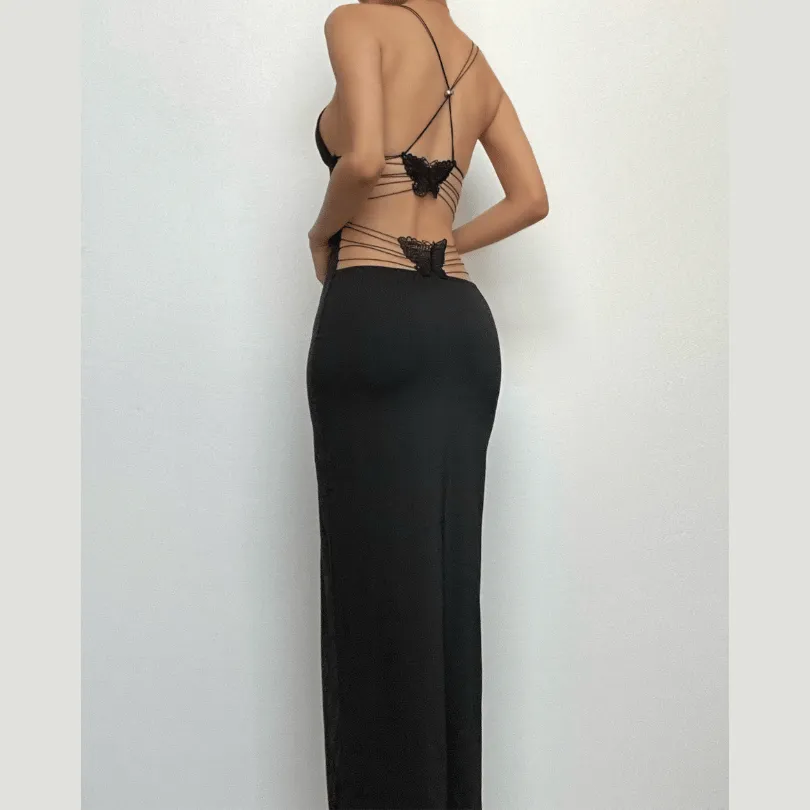 Butterfly applique backless v neck maxi dress