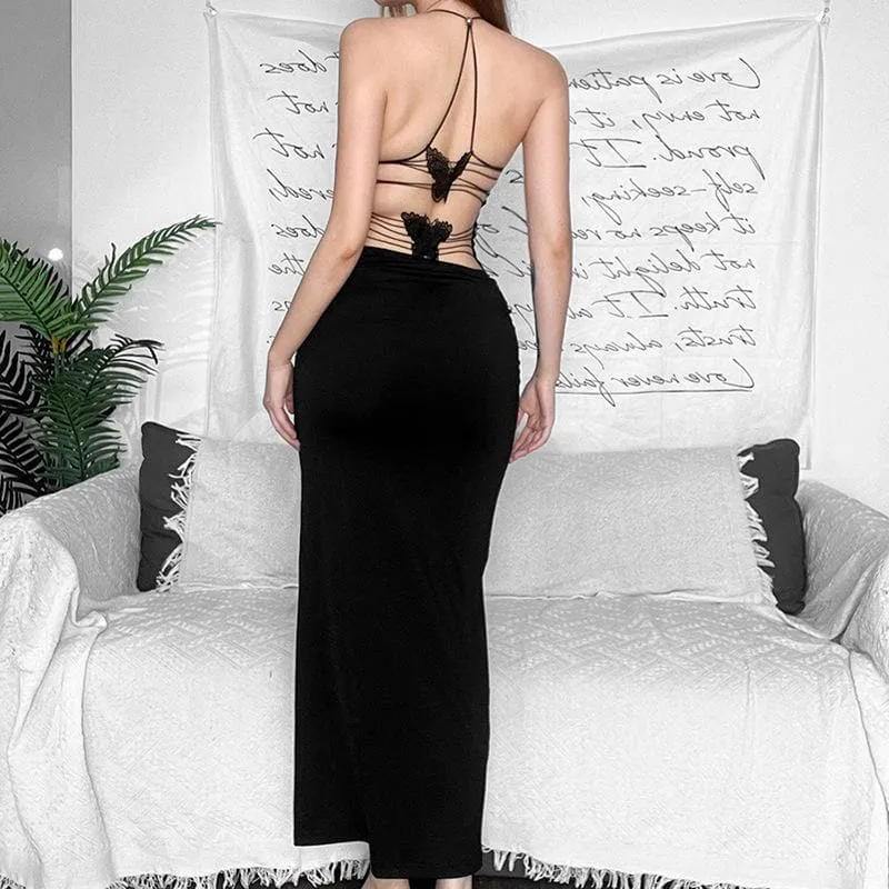 Butterfly applique backless v neck maxi dress