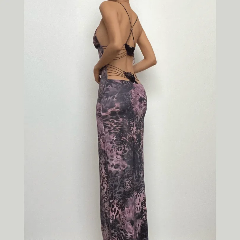 Butterfly applique backless v neck maxi dress