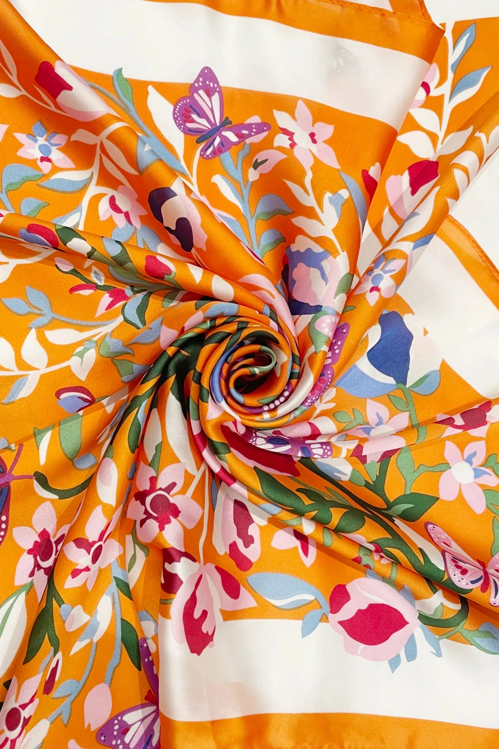 Butterfly Floral Border Print Square Scarf - Orange