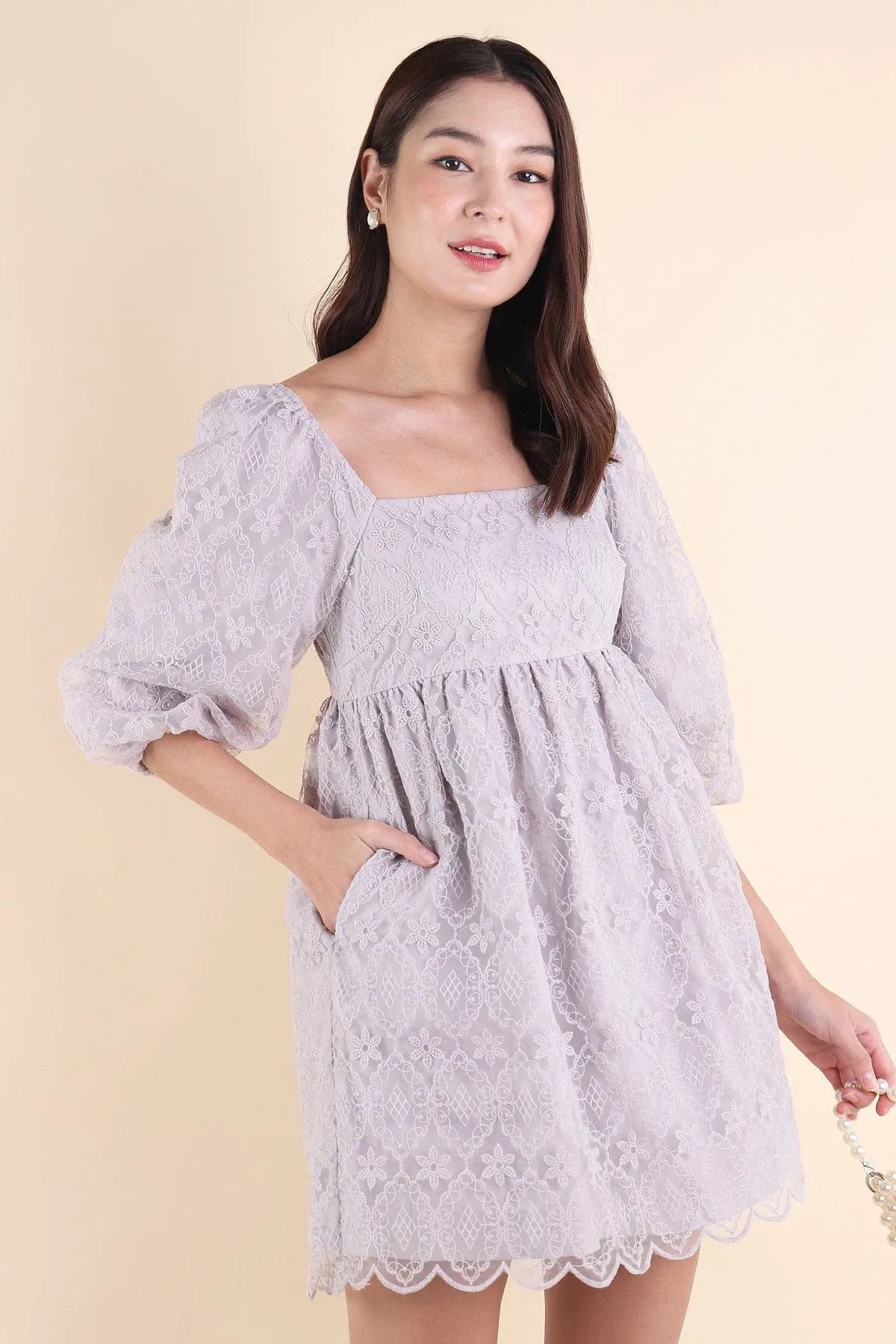 CAMELLIA LACE DRESS IN PERIWINKLE GREY