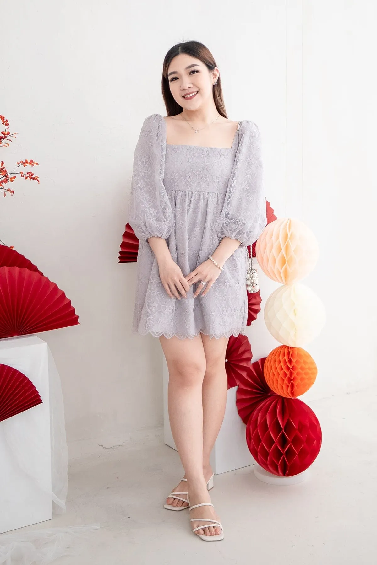 CAMELLIA LACE DRESS IN PERIWINKLE GREY