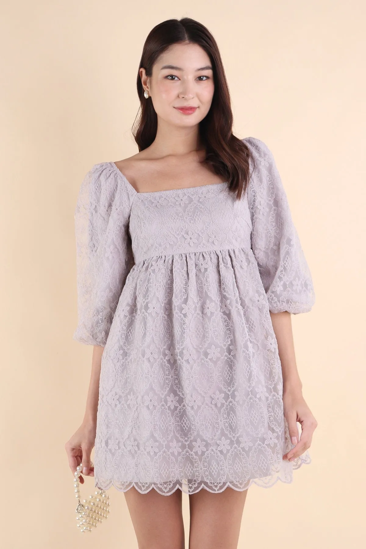 CAMELLIA LACE DRESS IN PERIWINKLE GREY