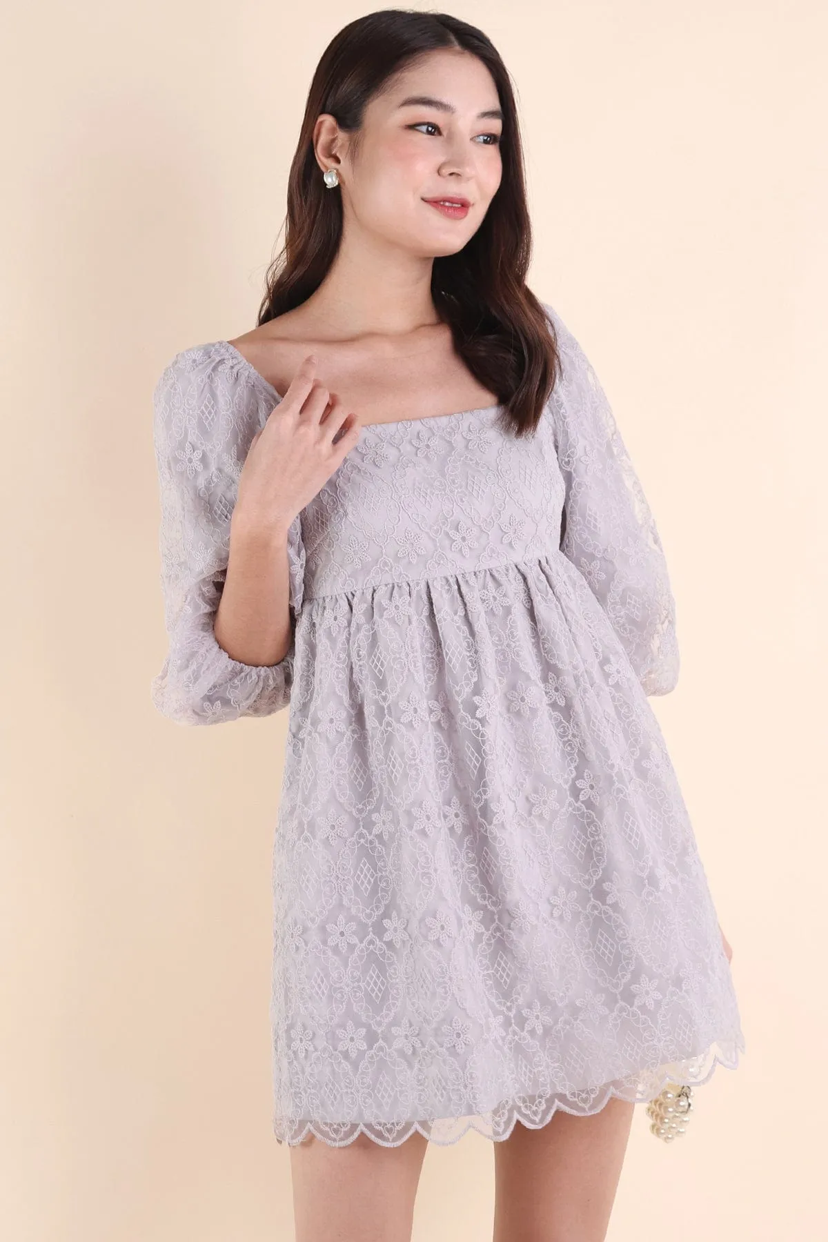 CAMELLIA LACE DRESS IN PERIWINKLE GREY