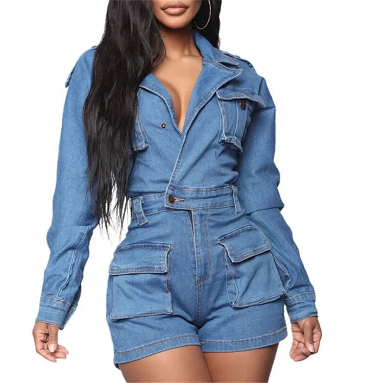 Casual Fall  Plus Size Long Sleeve One Piece  Denim Cargo  Women Jumpsuit