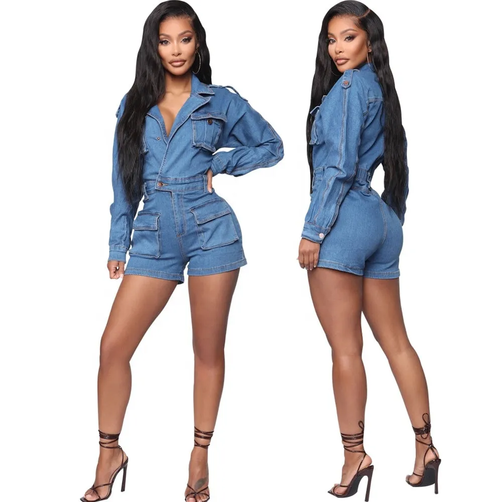 Casual Fall  Plus Size Long Sleeve One Piece  Denim Cargo  Women Jumpsuit