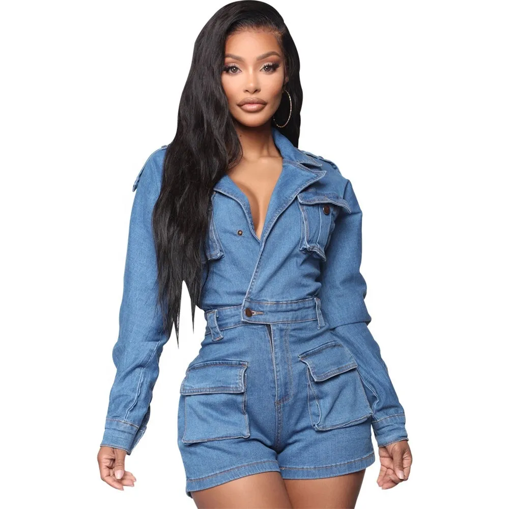 Casual Fall  Plus Size Long Sleeve One Piece  Denim Cargo  Women Jumpsuit