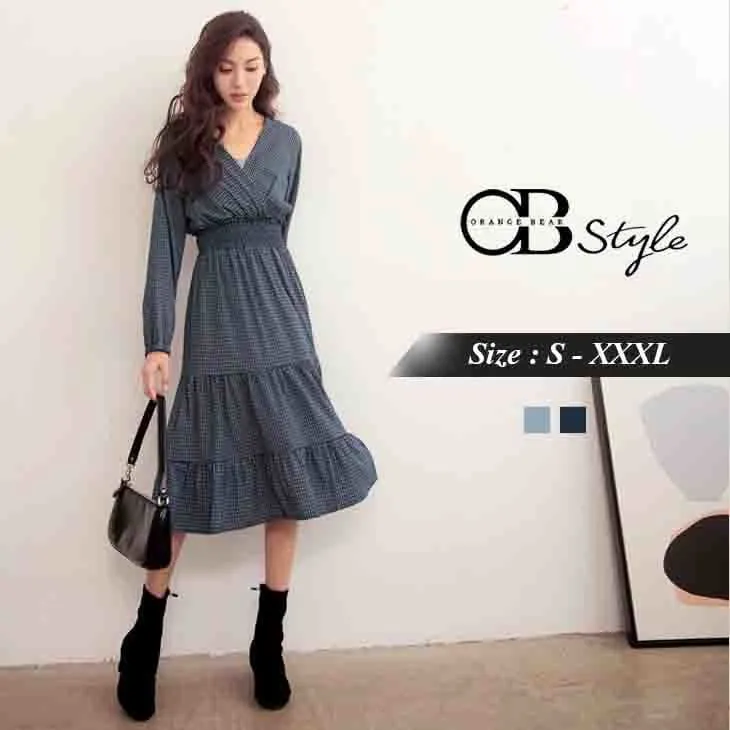 CHECKED ELASTIC WAIST LONG DRESS