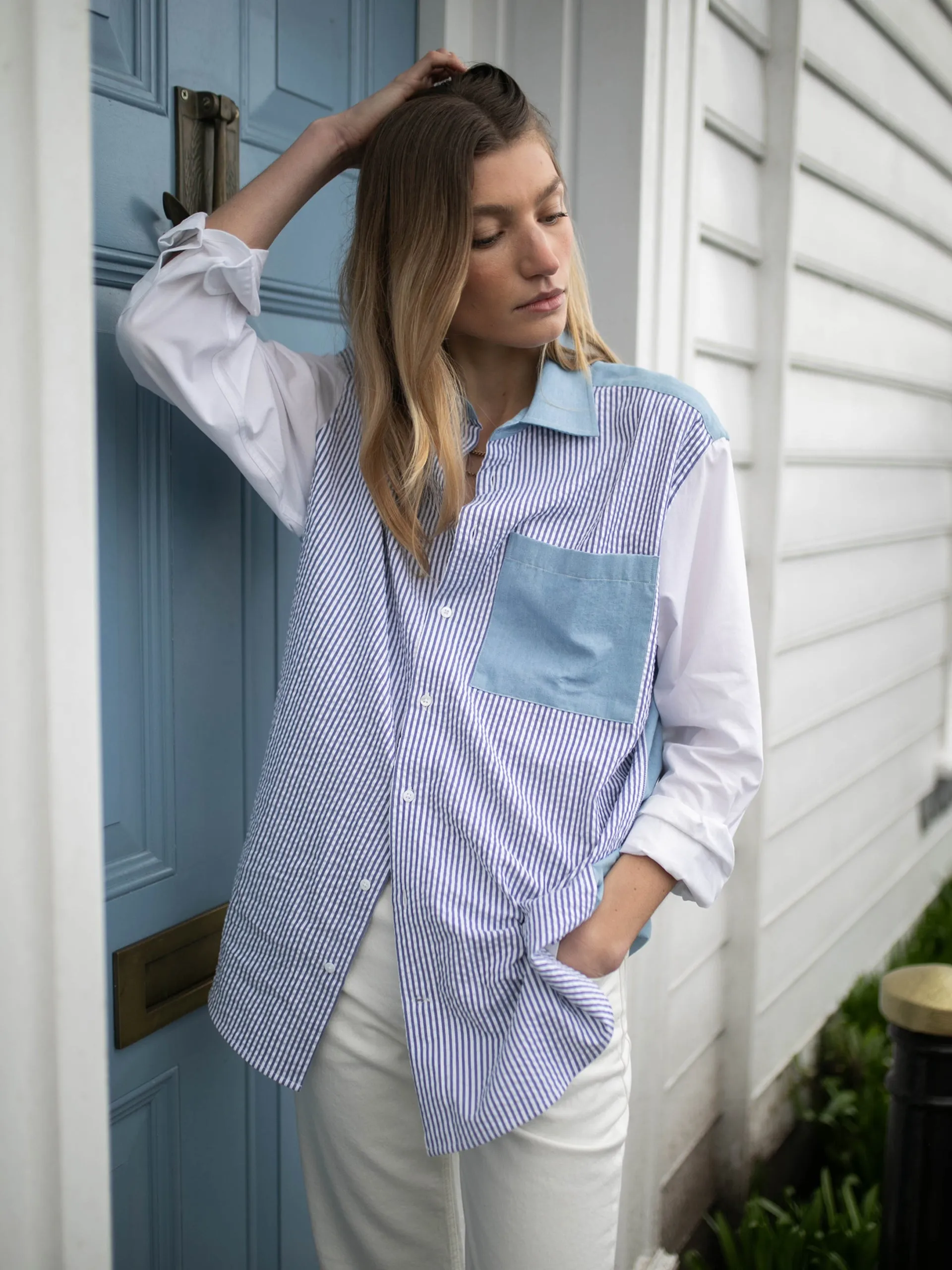 Chessie chambray, blue patchwork shirt