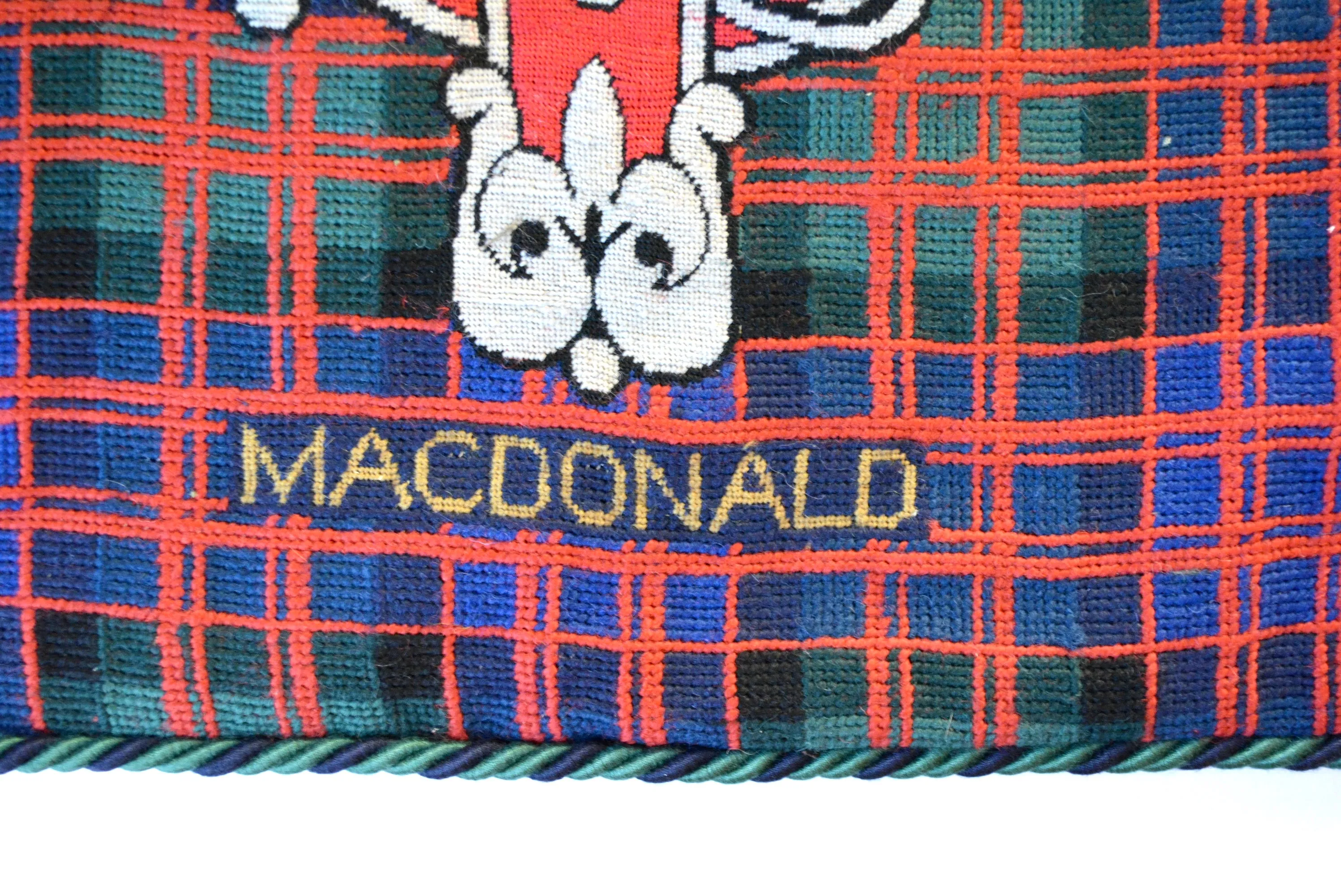 Clan Macdonald Scottish Tartan Plaid Coat of Arms & Motto Wool Needlepoint Pillow Cover