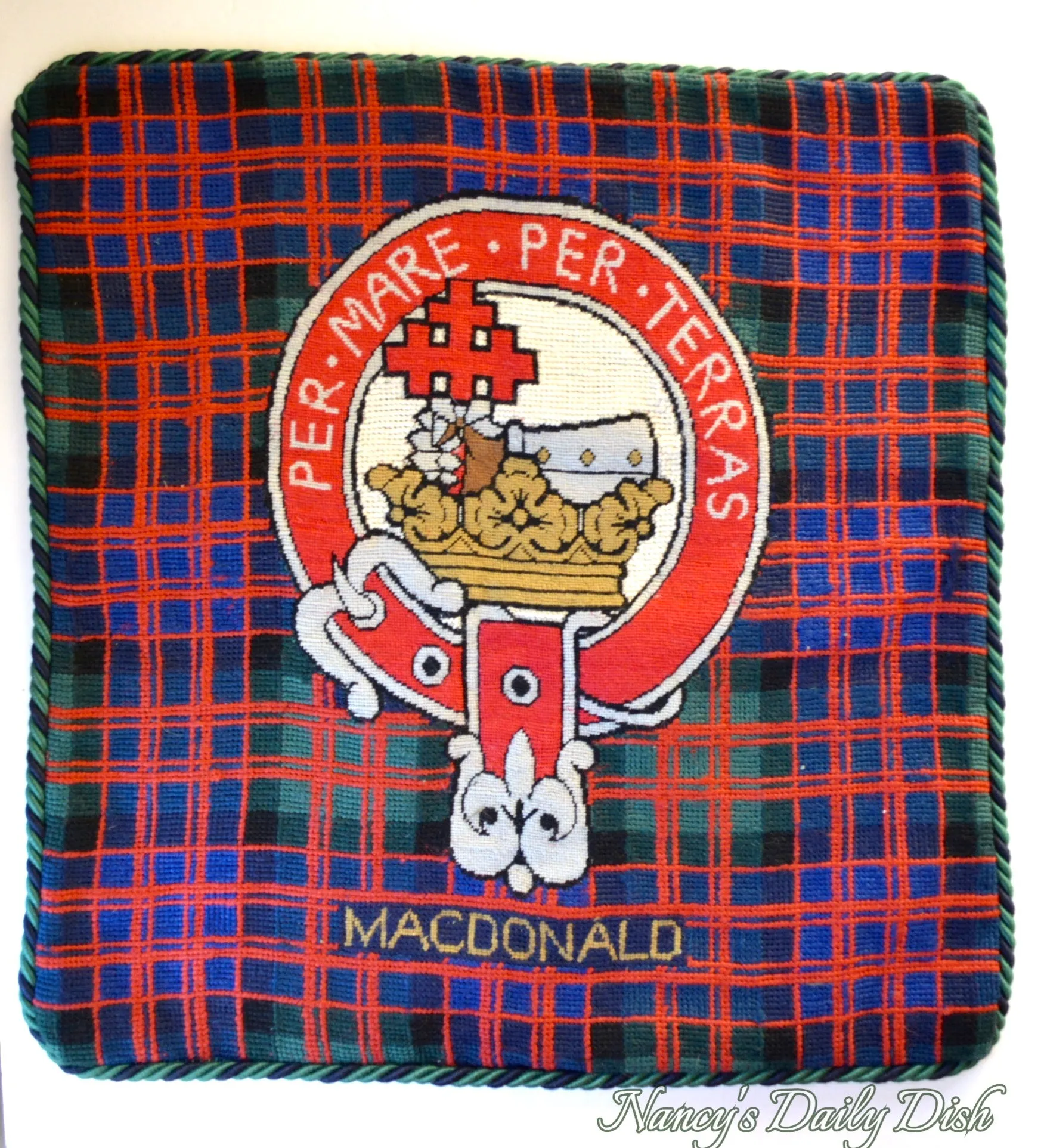 Clan Macdonald Scottish Tartan Plaid Coat of Arms & Motto Wool Needlepoint Pillow Cover