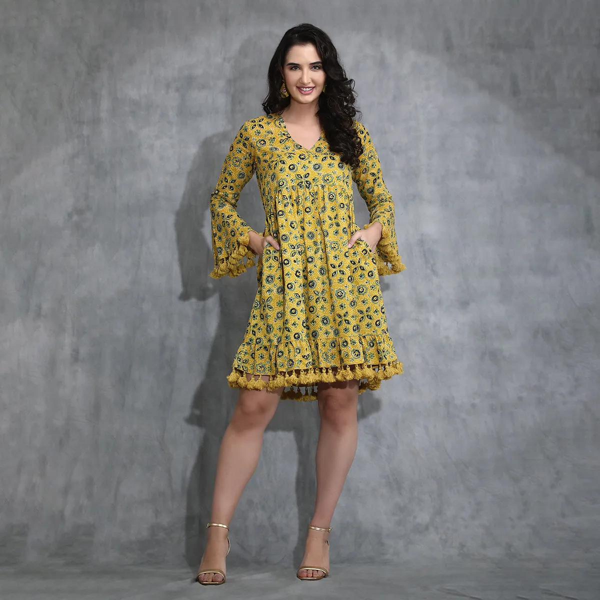 Cotton Midi Dress For Women | Tiered | Tassled | Yellow