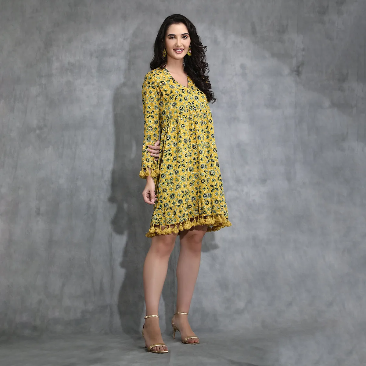 Cotton Midi Dress For Women | Tiered | Tassled | Yellow