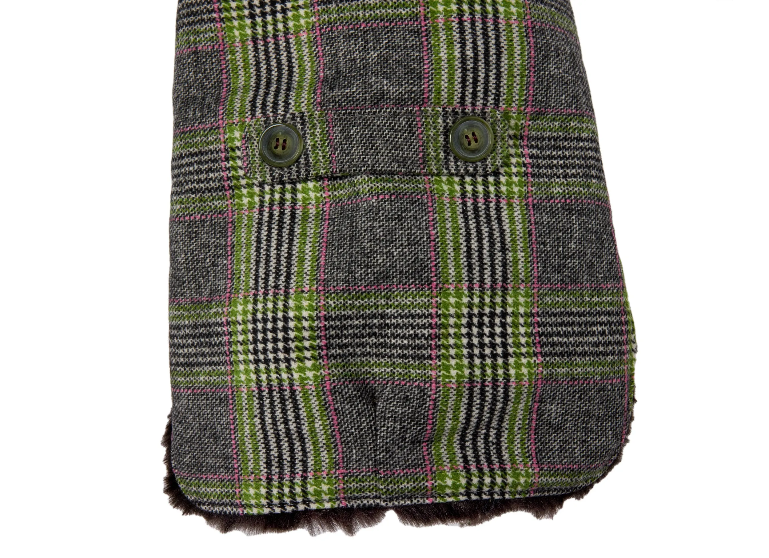 Couture Cashmere Coat w/ Faux Fur Lining - Gray and Green Plaid