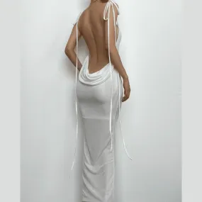 Cowl neck backless self tie solid ruched maxi dress