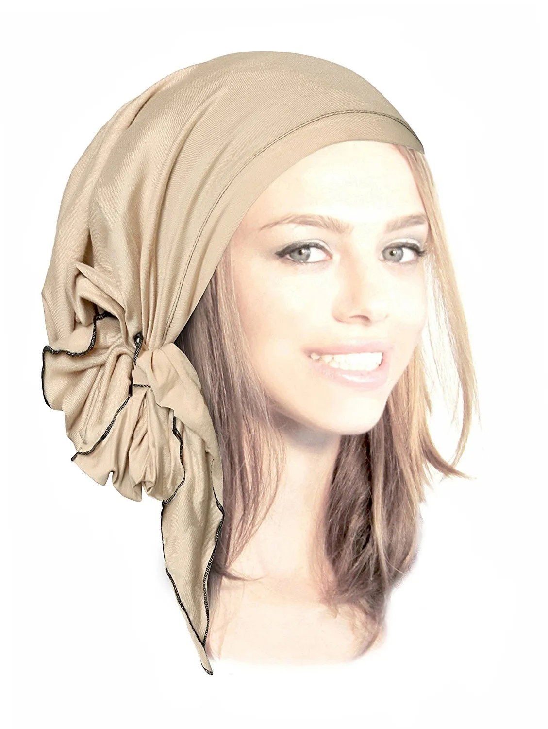 Cream Pre-Tied Headcovering Head-scarf Tichel Boho Chic ShariRose Decorative Over-Lock Collection (Cream black long)