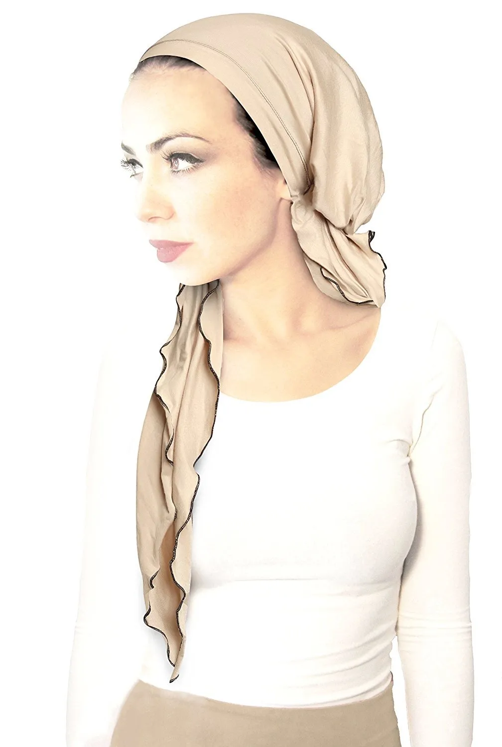 Cream Pre-Tied Headcovering Head-scarf Tichel Boho Chic ShariRose Decorative Over-Lock Collection (Cream black long)