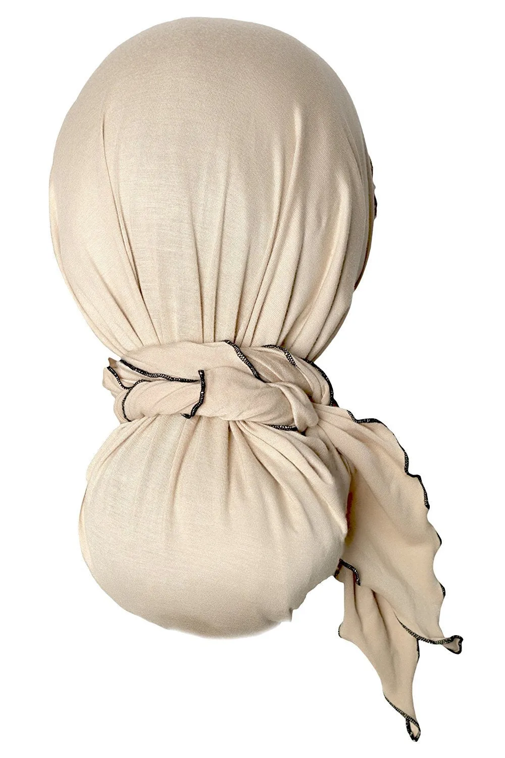 Cream Pre-Tied Headcovering Head-scarf Tichel Boho Chic ShariRose Decorative Over-Lock Collection (Cream black long)