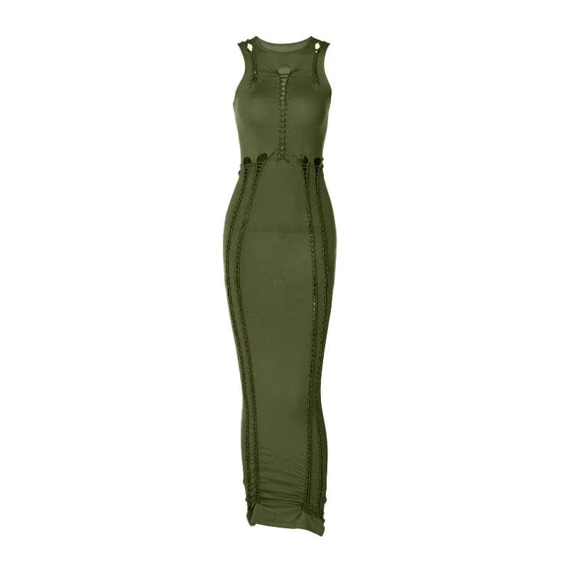 Crewneck sleeveless hollow out solid ruched cut out maxi dress