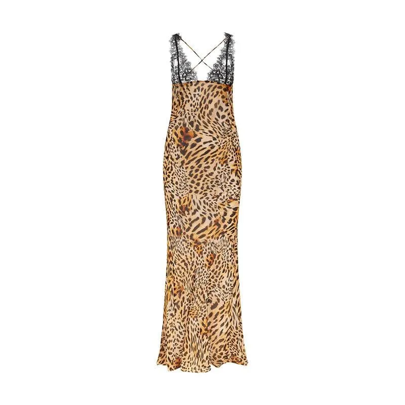 Cross back contrast leopard print v neck lace patchwork maxi dress