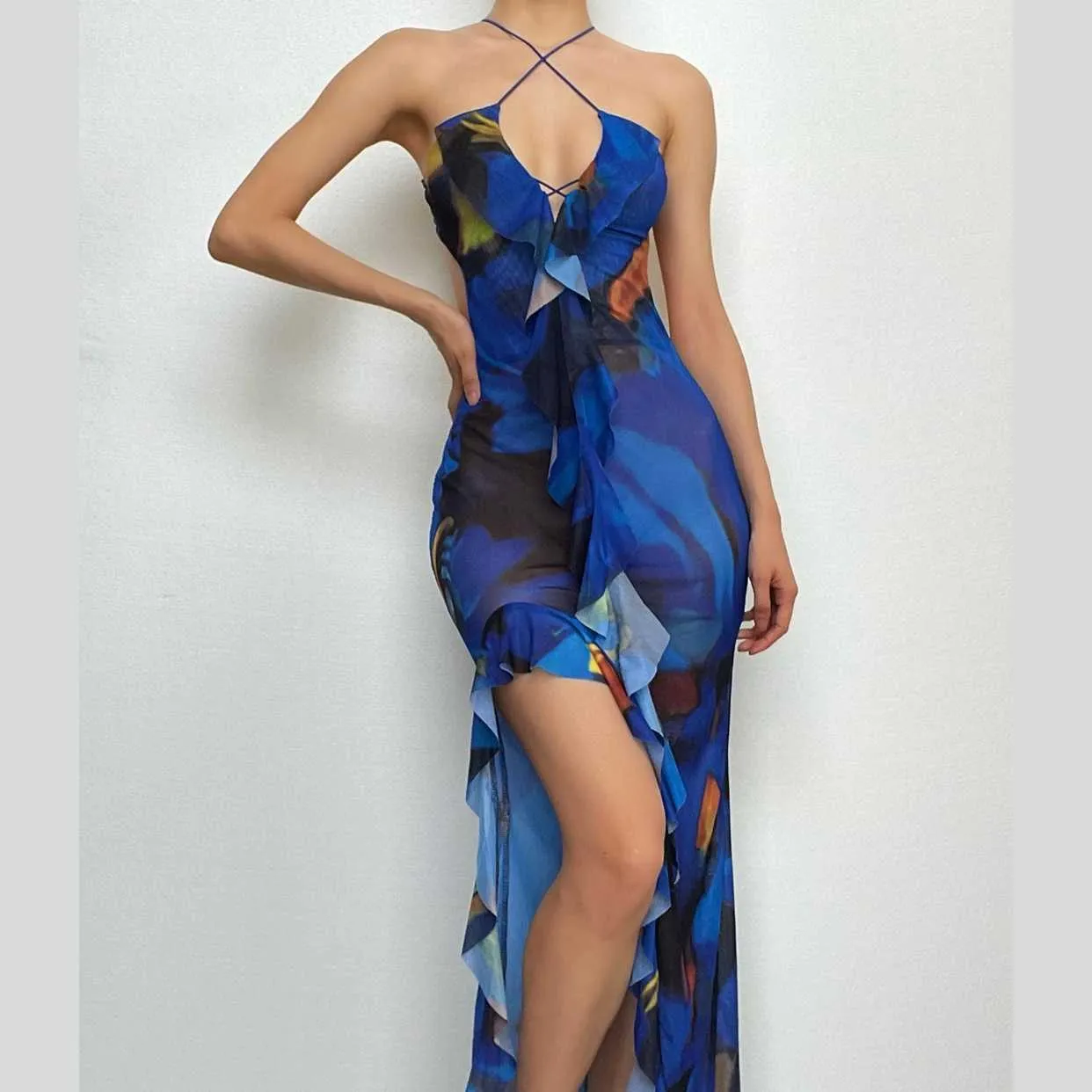 Cross front backless sheer mesh see through slit contrast print maxi dress