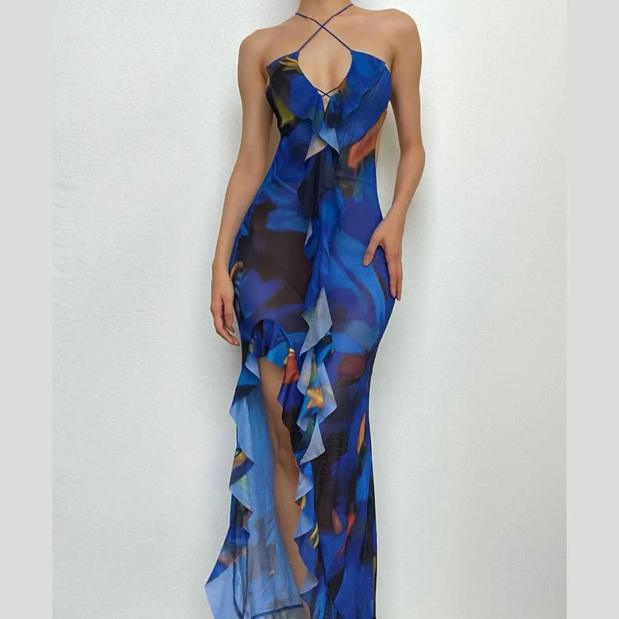 Cross front backless sheer mesh see through slit contrast print maxi dress