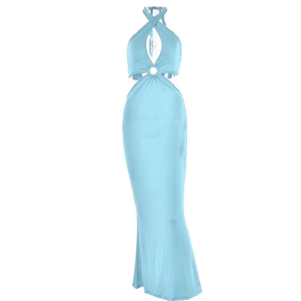 Cross front solid halter o ring backless self tie maxi dress