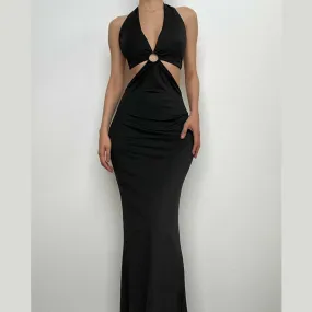 Cross front solid halter o ring backless self tie maxi dress