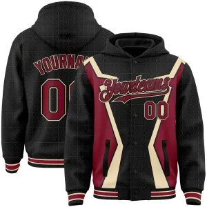 Custom Black Crimson-City Cream Arrow 3D Pattern Design Bomber Full-Snap Varsity Letterman Hoodie Jacket