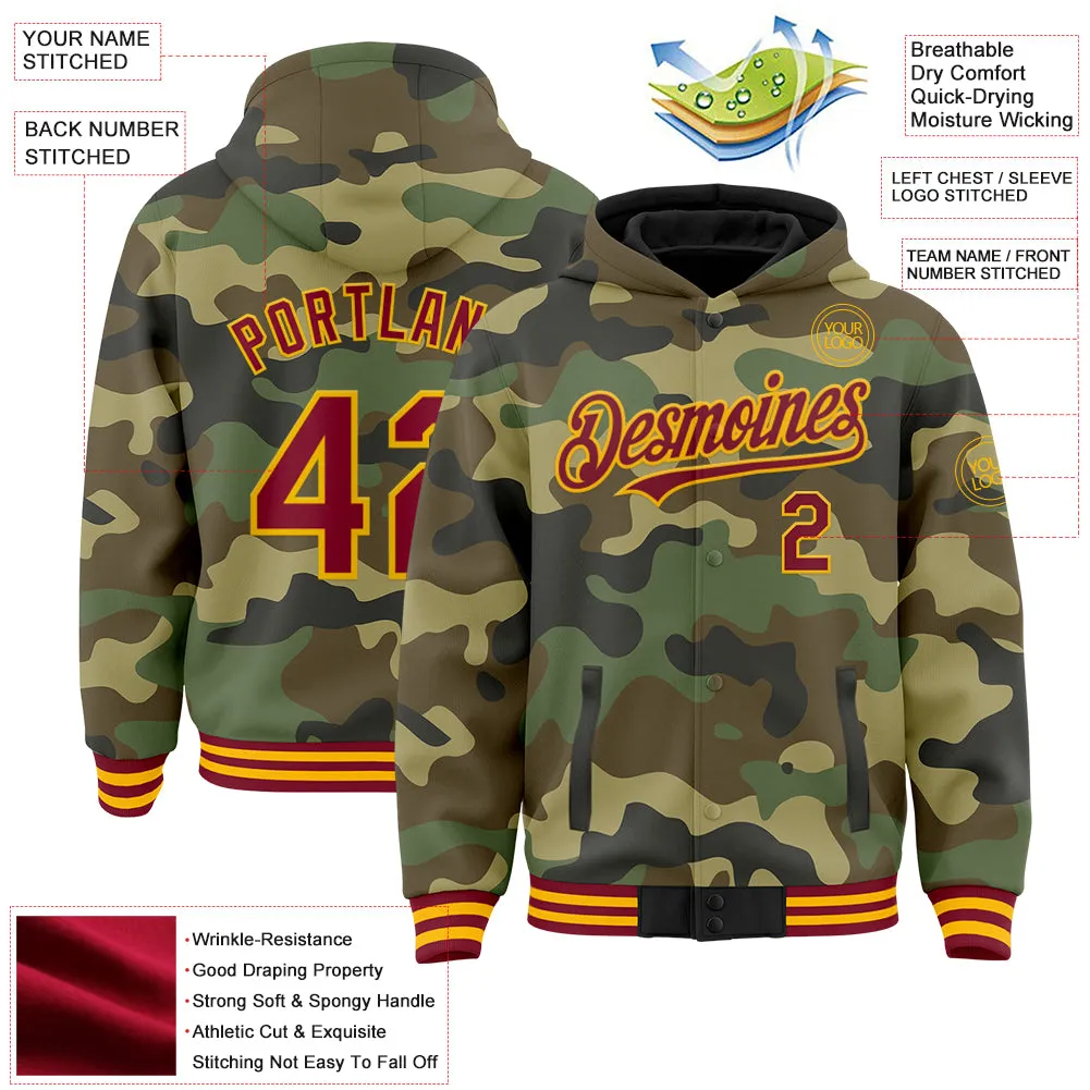 Custom Camo Crimson-Gold Bomber Full-Snap Varsity Letterman Salute To Service Hoodie Jacket