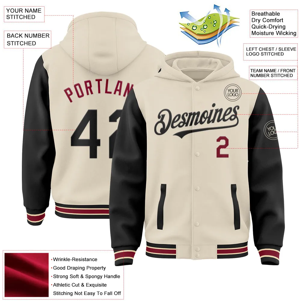 Custom Cream Black Crimson-City Cream Bomber Full-Snap Varsity Letterman Two Tone Hoodie Jacket