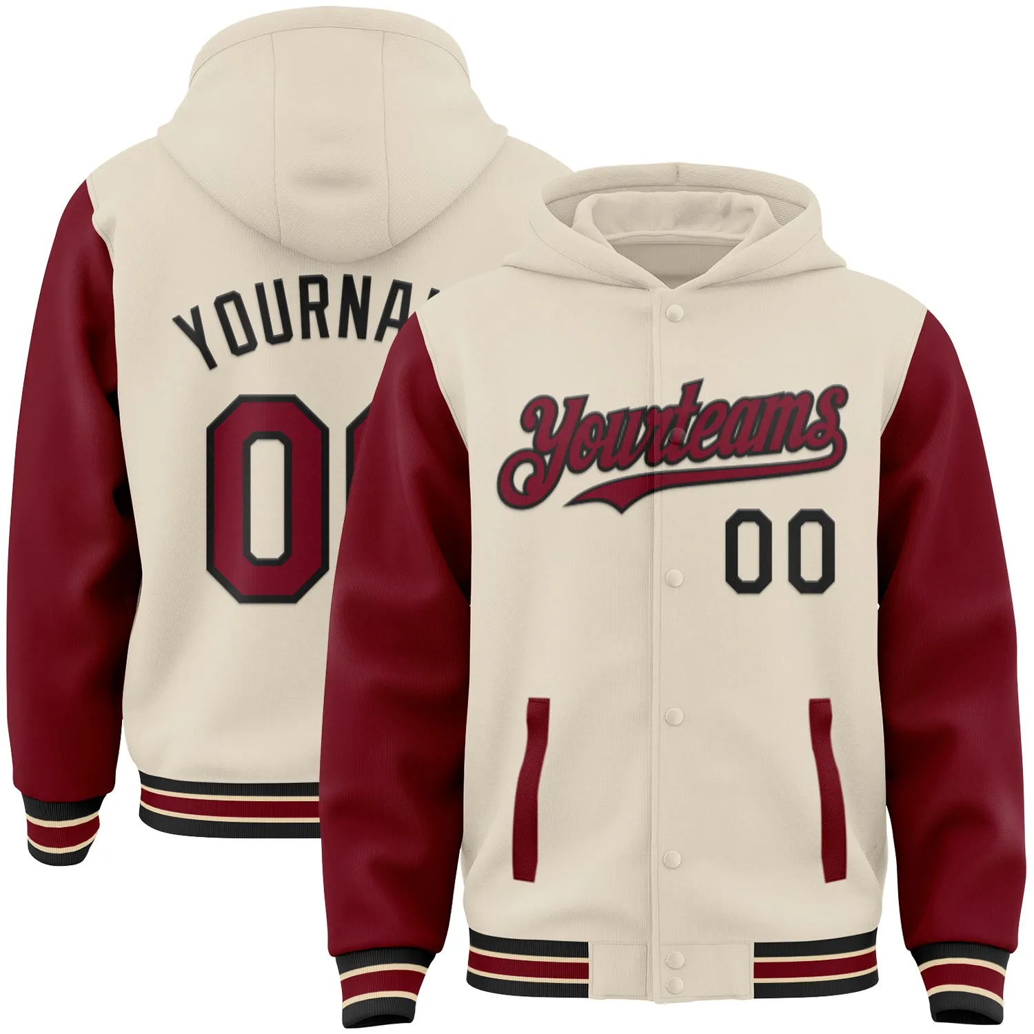 Custom Cream Crimson Black-City Cream Bomber Full-Snap Varsity Letterman Two Tone Hoodie Jacket