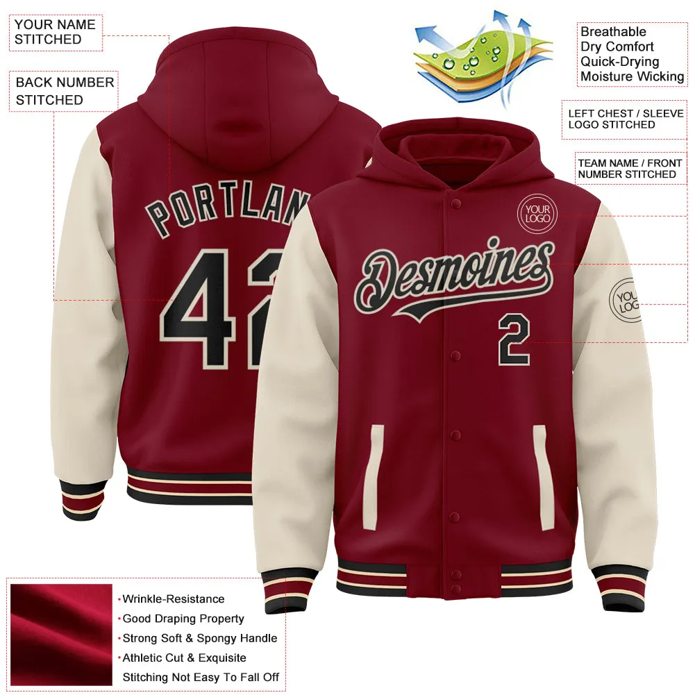 Custom Crimson Black-Cream Bomber Full-Snap Varsity Letterman Two Tone Hoodie Jacket