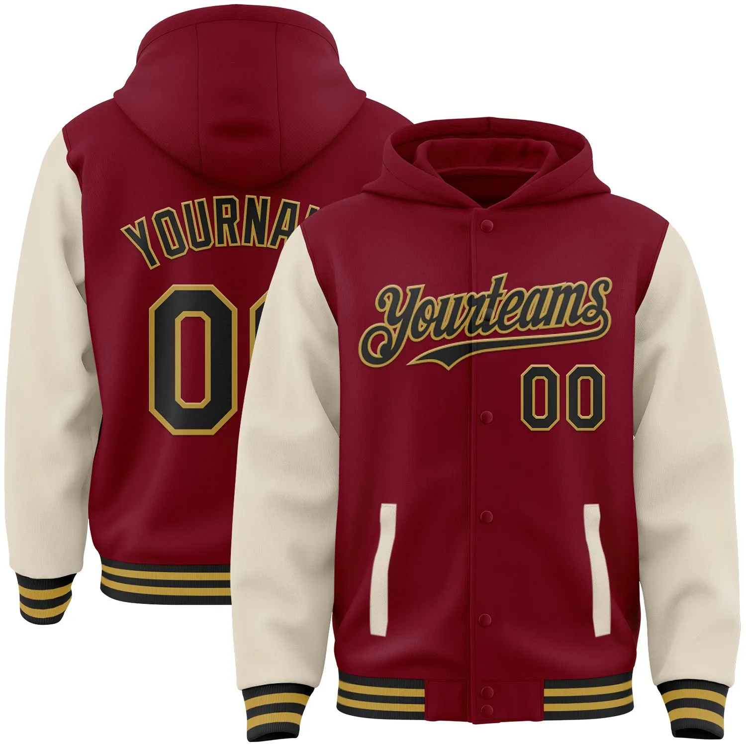 Custom Crimson Black Cream-Old Gold Bomber Full-Snap Varsity Letterman Two Tone Hoodie Jacket