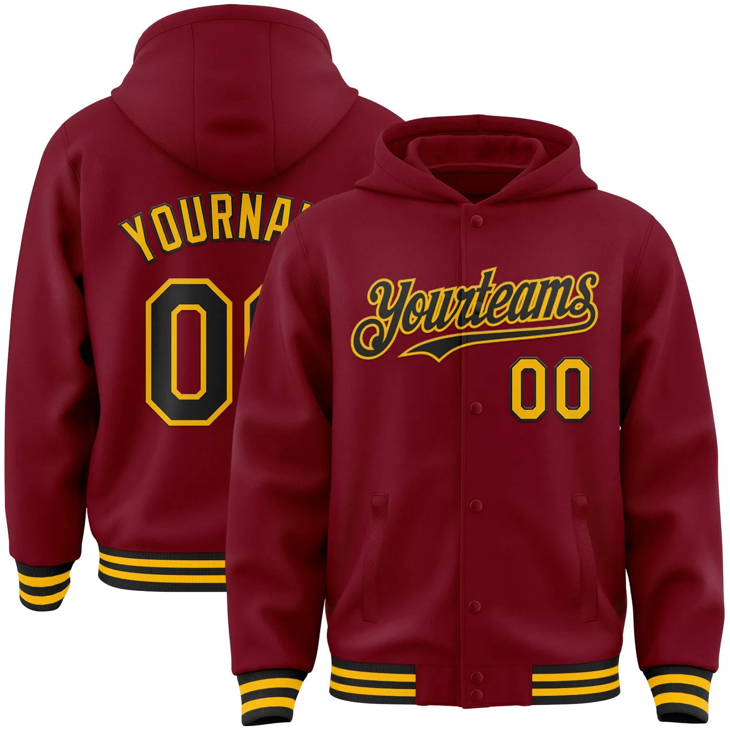 Custom Crimson Black-Gold Bomber Full-Snap Varsity Letterman Hoodie Jacket