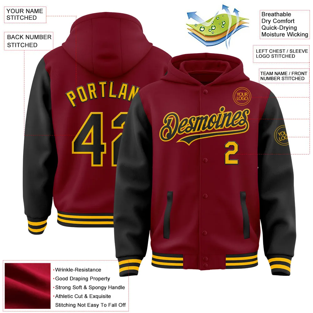 Custom Crimson Black-Gold Bomber Full-Snap Varsity Letterman Two Tone Hoodie Jacket