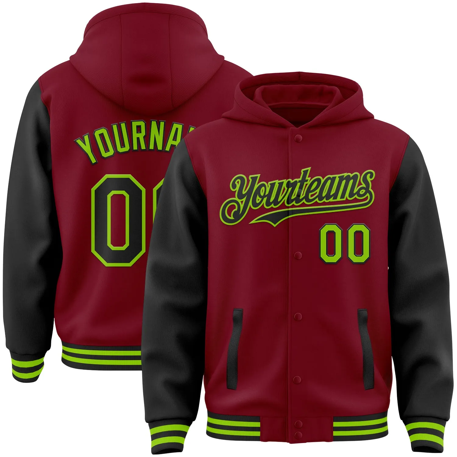 Custom Crimson Black-Neon Green Bomber Full-Snap Varsity Letterman Two Tone Hoodie Jacket