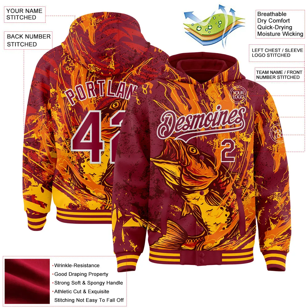 Custom Crimson Gold-White Largemouth Bass Fish Fishing 3D Bomber Full-Snap Varsity Letterman Hoodie Jacket