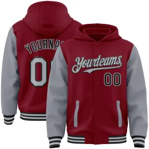 Custom Crimson Gray-Black Bomber Full-Snap Varsity Letterman Two Tone Hoodie Jacket