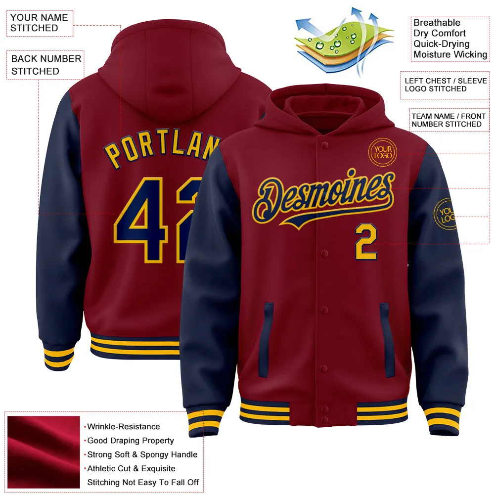 Custom Crimson Navy-Gold Bomber Full-Snap Varsity Letterman Two Tone Hoodie Jacket