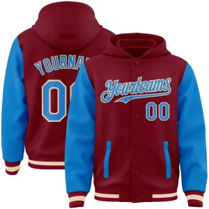 Custom Crimson Powder Blue Cream-Maroon Bomber Full-Snap Varsity Letterman Two Tone Hoodie Jacket