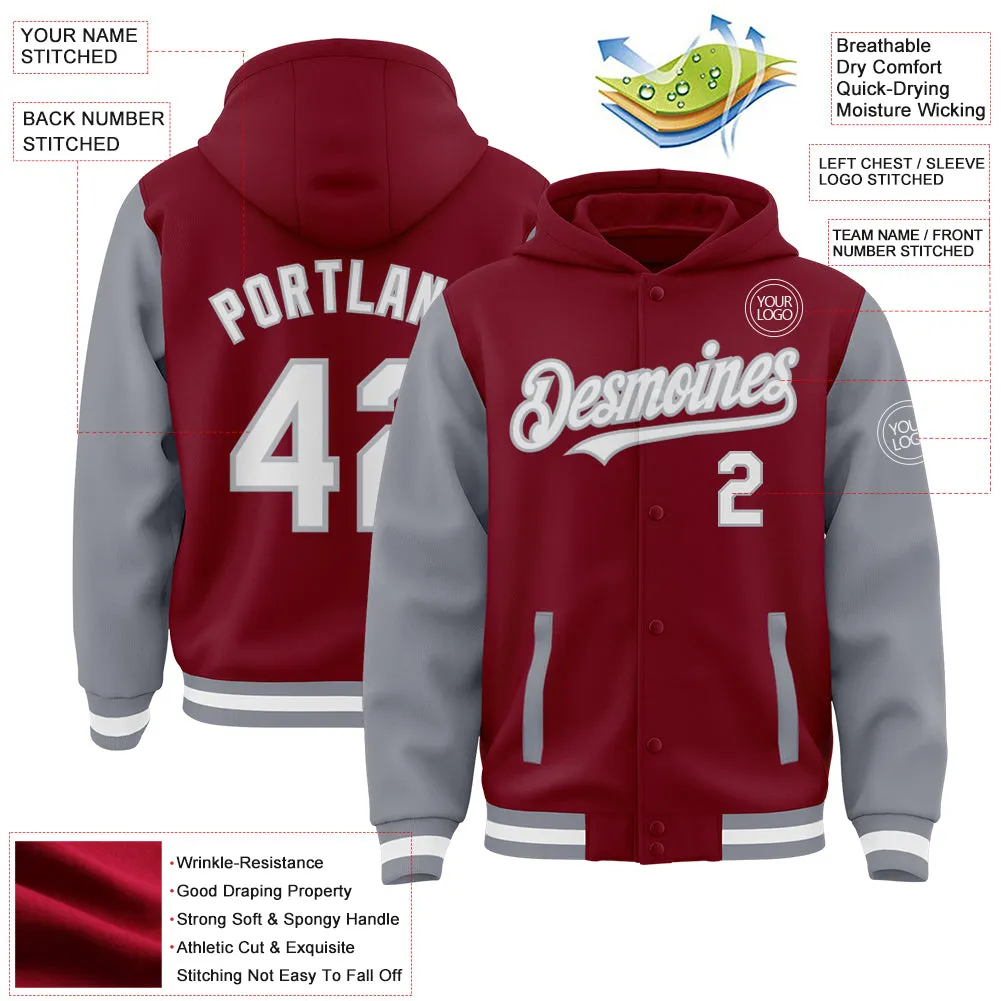 Custom Crimson White-Gray Bomber Full-Snap Varsity Letterman Two Tone Hoodie Jacket