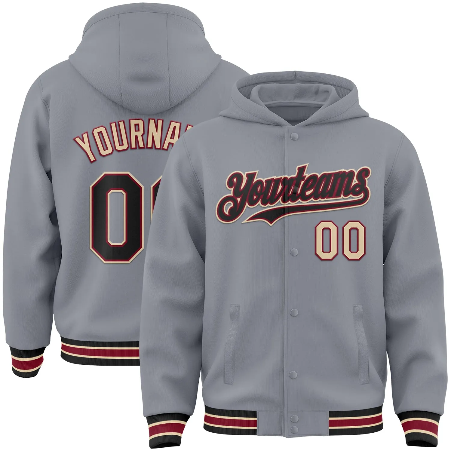 Custom Gray Black Crimson-City Cream Bomber Full-Snap Varsity Letterman Hoodie Jacket